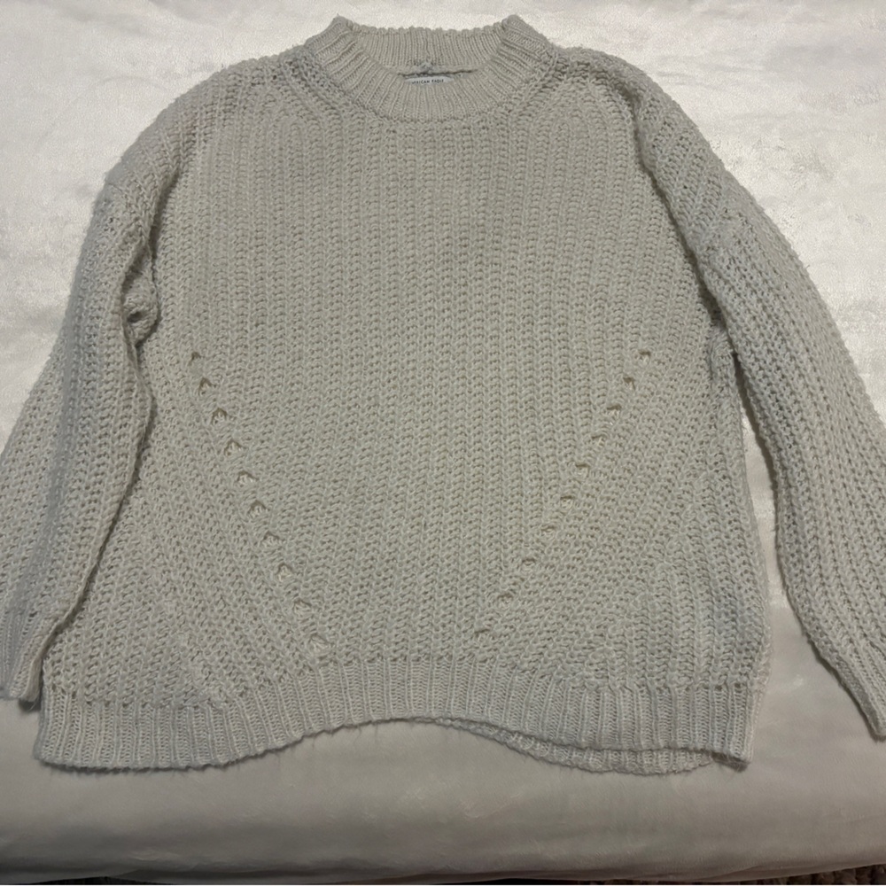 American Eagle Oversized White Knit Sweater | Loose Open Weave | Size Small